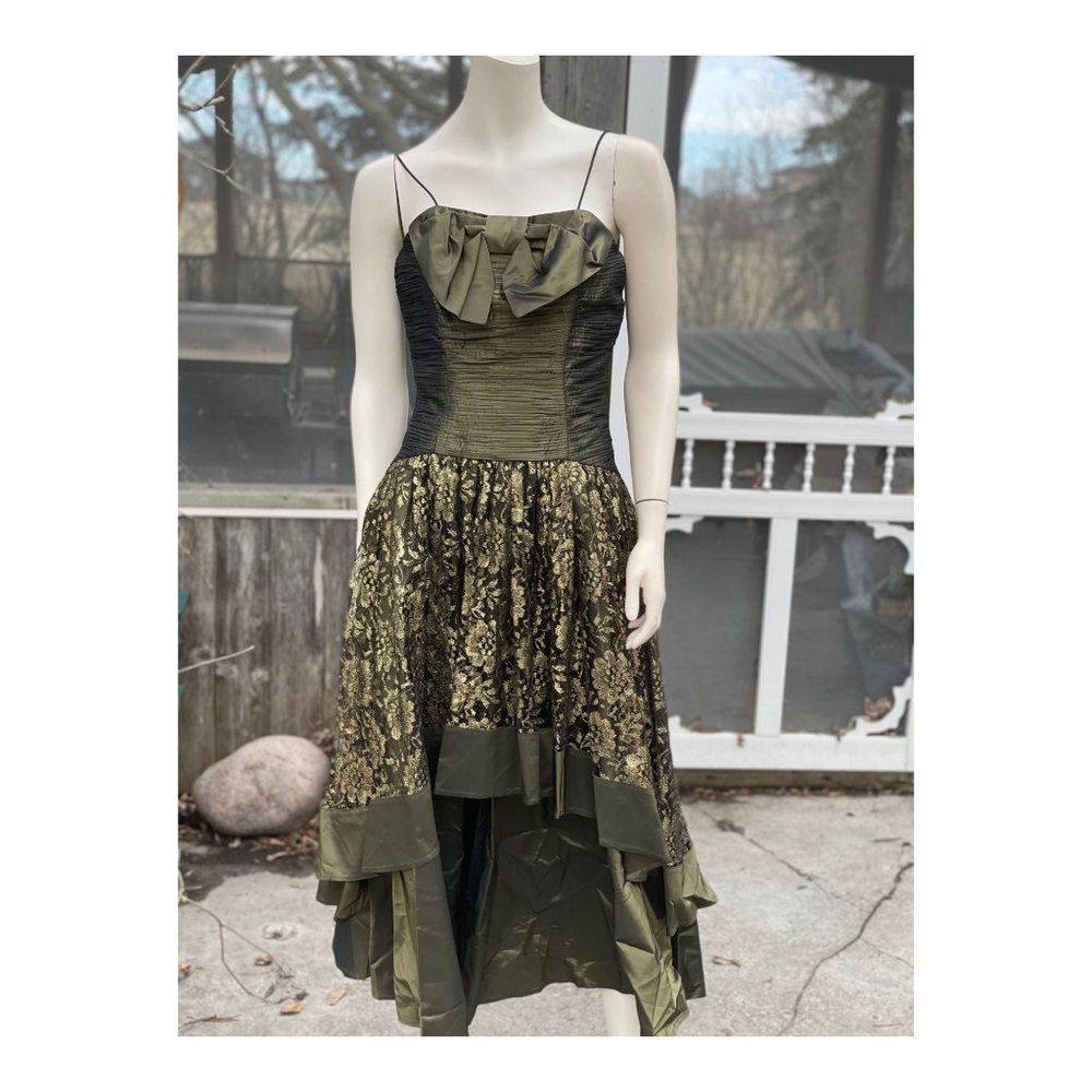 80s Tafetta Prom Dress Green Gold Spaghetti Strap Sz 10